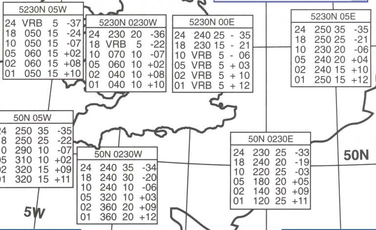 Meteorologija - Na osnovu dijagrama odrediti na visini od 5000ft brzinu vetra za tačku u preseku 50°N 0°EM: (Pogledajte sliku PPL Meteo-2).